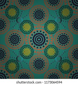 Ethnic binary doodle texture. Tracery seamless pattern. Mehndi design. Curved doodling in orange, brown and blue colors. Vector illustration.