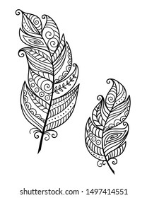 Ethnic bird feathers in boho style. Black and white inc vector hand drawn, tribal gipsy concept. Doodles illustration. Tattoo sketch.