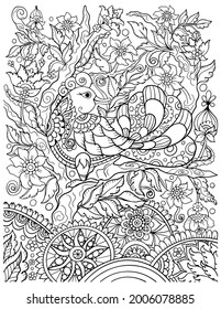 Ethnic bird ornamental adult coloring book page