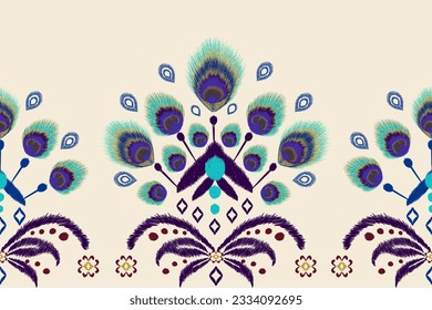 Ethnic bird pattern seamless peacock feather background African Ikat Mexican style. Ancient bird Hand drawn Vector illustration. Vintage