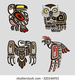 Ethnic birds set include owl, toucan, eagle and parrot 