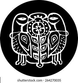 Ethnic birds totem hand drawn sketch decorative element isolated. Vector illustration. Black and white style