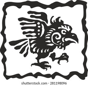 Ethnic birds totem hand drawn sketch decorative element isolated. Vector illustration. Black and white style