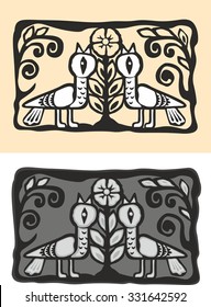 Ethnic birds totem hand drawn sketch decorative element isolated. Vector illustration