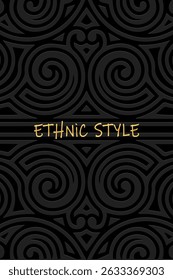 Ethnic black background, cover design, banner, wallpaper. Geometric exotic 3D pattern, handmade. Embossed tribal ornaments, arabesques, mandala, painting of the East, Asia, India, Mexico, Aztec, Peru.