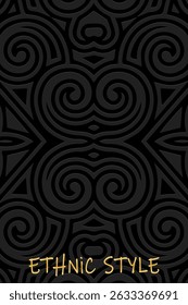 Ethnic black background, cover design, banner, wallpaper. Geometric vintage 3D pattern, handmade. Embossed tribal ornaments, arabesques, mandala, painting of the East, Asia, India, Mexico, Aztec, Peru