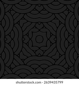 Ethnic black background, cover design, banner, wallpaper. Geometric decorative 3D pattern, art deco. Abstraction. Relief ornaments, arabesques, mandala, fresco of the East, Asia, India, Mexico, Aztec.
