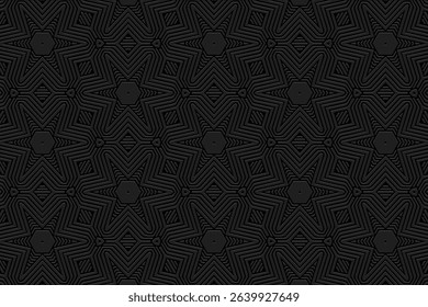 Ethnic black background, cover design, banner, handmade wallpaper, boho. Geometric unique 3D pattern, embossing. Original ornaments, arabesques, mandala of the East, Asia, India, Mexico, Aztec, Peru.