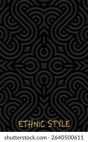 Ethnic black background, cover design, banner, tribal wallpaper. Geometric exotic 3D pattern, embossing. Relief ornaments, arabesques, mandala, fresco of the East, Asia, India, Mexico, Aztec, Peru.