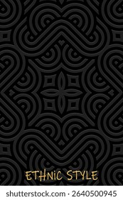 Ethnic black background, cover design, banner, tribal wallpaper. Geometric decorative 3D pattern, embossing. Relief ornaments, arabesques, mandala, fresco of the East, Asia, India, Mexico, Aztec, Peru