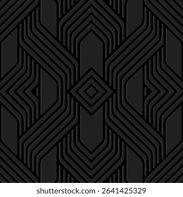 Ethnic black background, cover design, banner, ornamental wallpaper. Geometric decorative 3D pattern, embossing. Relief ornaments, arabesques, mandala, fresco of the East, Asia, India, Mexico, Aztec.