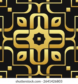 Ethnic black background, cover design, banner, wallpaper. Geometric linear gold pattern, template. Ornaments, arabesque, mandala, fresco, logo East, Asia, India, Mexico, Aztec, Peru. 