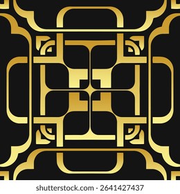 Ethnic black background, cover design, banner, wallpaper. Geometric linear abstract gold pattern, template. Ornaments, arabesque, mandala, fresco, logo East, Asia, India, Mexico, Aztec, Peru. 