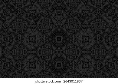 Ethnic black background, cover design, banner, wallpaper. Geometric decorative tribal 3D pattern, embossing. Exotic ornaments, arabesques, mandala, fresco of the East, Asia, India, Mexico, Aztec, Peru