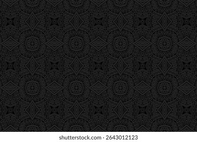 Ethnic black background, cover design, banner, wallpaper. Geometric creative tribal 3d pattern, embossing. Exotic ornaments, arabesques, mandala, fresco of the East, Asia, India, Mexico, Aztec, Peru.