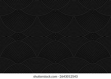 Ethnic black background, cover design, banner, wallpaper. Geometric creative 3D pattern, embossing. Exotic ornaments, arabesques, mandala, fresco of the East, Asia, India, Mexico, Aztec, Peru.