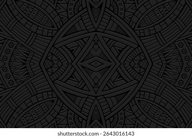 Ethnic black background, cover design, banner, wallpaper. Geometric creative boho 3d pattern, embossing. Exotic ornaments, arabesques, mandala, fresco of the East, Asia, India, Mexico, Aztec, Peru.