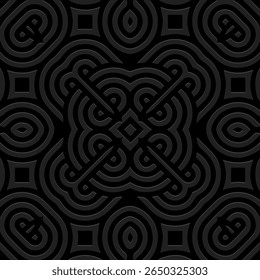 Ethnic black background, tribal design cover, banner, wallpaper. Geometric exotic old boho pattern, embossing, 3D. Ornaments, arabesques, mandala, fresco of the East, Asia, India, Mexico, Aztec, Peru.