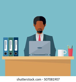 Ethnic black businessman working on laptop in office vector illustration