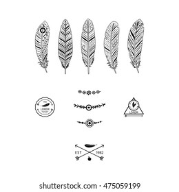 Ethnic black feathers elements with decorative labels. Vector illustration