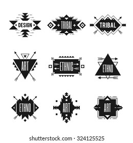 Ethnic Black Logo Set With Tribal Ornaments Isolated Vector Illustration