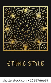 Ethnic black lorem background, cover design. Geometric gold pattern. Template, stencil, stained glass. Tribal ornaments, arabesques, mandala, logo of the East, Asia, India, Mexico, Aztec, Peru.