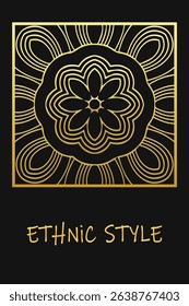 Ethnic black lorem background, cover design. Geometric elegant gold pattern. Template, stencil, stained glass. Tribal ornaments, arabesques, mandala, logo of the East, Asia, India, Mexico, Aztec, Peru