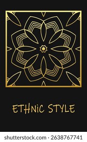 Ethnic black lorem background, cover design. Geometric artistic gold pattern. Template, stencil, stained glass. Tribal ornaments, arabesques, mandala, logo of the East, Asia, India, Mexico, Aztec.