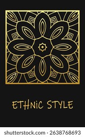 Ethnic black lorem background, cover design. Geometric unique gold pattern. Template, stencil, stained glass. Tribal ornaments, arabesques, mandala, logo of the East, Asia, India, Mexico, Aztec, Peru.