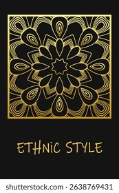 Ethnic black lorem background, cover design. Geometric creative gold pattern. Template, stencil, stained glass. Tribal ornaments, arabesques, mandala, logo of the East, Asia, India, Mexico, Aztec.