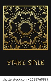 Ethnic black lorem background, cover design. Geometric stylish gold pattern. Template, stencil, stained glass. Tribal ornaments, arabesques, mandala, logo of the East, Asia, India, Mexico, Aztec, Peru