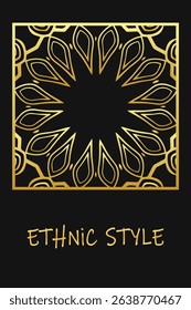 Ethnic black lorem background, cover design. Geometric vintage gold pattern. Template, stencil, stained glass. Tribal ornaments, arabesques, mandala, logo of the East, Asia, India, Mexico, Aztec, Peru
