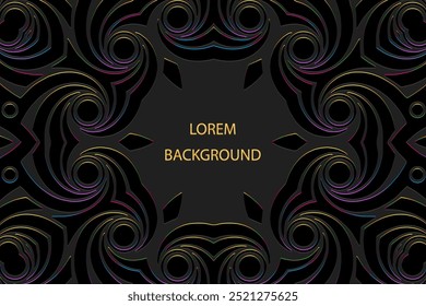 Fundo lorem preto étnico, design de capa tribal, banner. Padrão 3d brilhante texturizado geométrico, em alto-relevo, colocar para texto. Ornamentos, arabescos, mandala do leste, Ásia, Índia, México, Asteca, Peru
