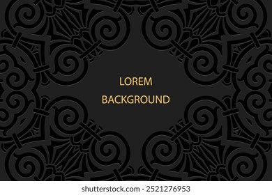 Fundo lorem preto étnico, design de capa tribal, banner. Padrão 3D texturizado geométrico com redemoinhos, entalhe, coloque para texto. Ornamentos, arabescos, mandala do Oriente, Ásia, Índia, México, Asteca