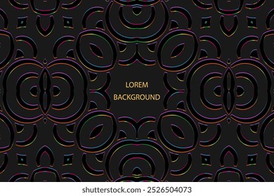 Fundo de lorem ipsum preto étnico, design de capa tribal, banner. Padrão 3D brilhante geométrico, em alto-relevo, colocar para texto. Ornamentos, arabescos, mandala do Oriente, Ásia, Índia, México, Asteca, Peru.