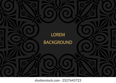 Fundo de lorem ipsum preto étnico, design de capa tribal, banner. Padrão 3d abstrato geométrico, em alto-relevo, colocar para texto. Ornamentos do Oriente, Ásia, Índia, México no estilo do boho artístico.