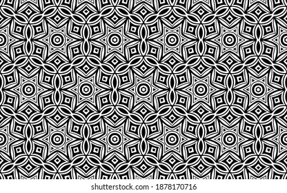 Patrón blanco negro étnico de formas geométricas, líneas entrelazadas y estrellas de estilo mexicano, africano, nativo americano.Gráficos vectoriales para diseño y decoración, papel pintado, tarjetas de visita, textiles.