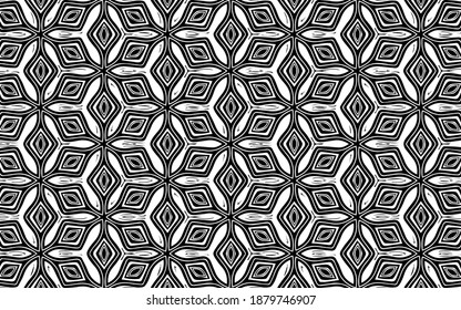 Ethnic black white pattern of geometric shapes, intertwined lines in the national Mexican, African, Indian style. Vector graphics for coloring.
