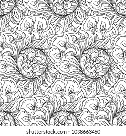 Ethnic black and white seamless pattern. Floral motifs.