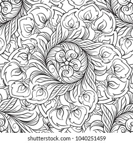 Ethnic black and white seamless pattern. Floral motifs.