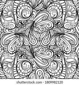 Ethnic black and white seamless pattern. Floral motifs.