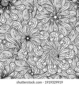 Ethnic black and white seamless pattern. Floral motifs.