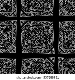 Ethnic Black and White Seamless Pattern with Scribble Monochrome Tribal Motives. Simple Primitive Cellular Ornament. Indian Geometric Elements with Lines, Triangles, Squares