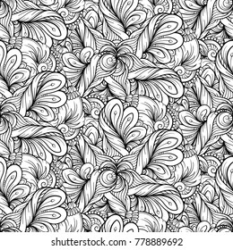 Ethnic black and white seamless pattern. Floral motifs.