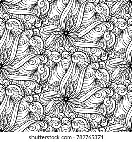 Ethnic black and white seamless pattern. Floral motifs.