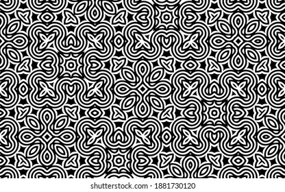 Ethnic black white texture of intertwined lines in doodling style. Geometric background of traditional oriental pattern for coloring book, textile.