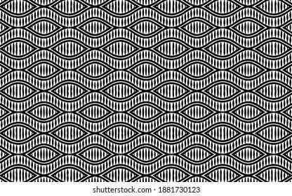 Ethnische, schwarz-weiße Wavy-Textur im Doodling-Stil. Geometrischer Hintergrund des traditionellen orientalischen Musters für das Farbbuch, Textilien.
