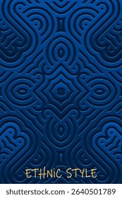 Ethnic blue background, cover design, banner, tribal wallpaper. Geometric abstract 3d pattern, embossing. Relief ornaments, arabesques, mandala, fresco of the East, Asia, India, Mexico, Aztec, Peru.