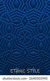 Ethnic blue background, cover design, banner, tribal wallpaper. Geometric decorative 3D pattern, embossing. Relief ornaments, arabesques, mandala, fresco of the East, Asia, India, Mexico, Aztec, Peru.