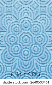Ethnic blue background, cover design, banner, tribal wallpaper. Geometric elegant 3D pattern, embossing. Relief ornaments, arabesques, mandala, fresco of the East, Asia, India, Mexico, Aztec, Peru.